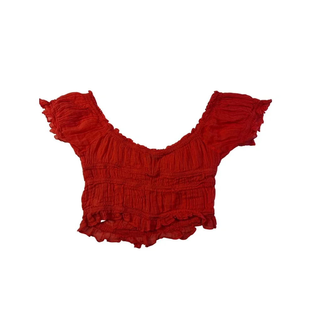 Free People FP One Smocked Crop Top Red Cotton Ruffle Off Shoulder Small
